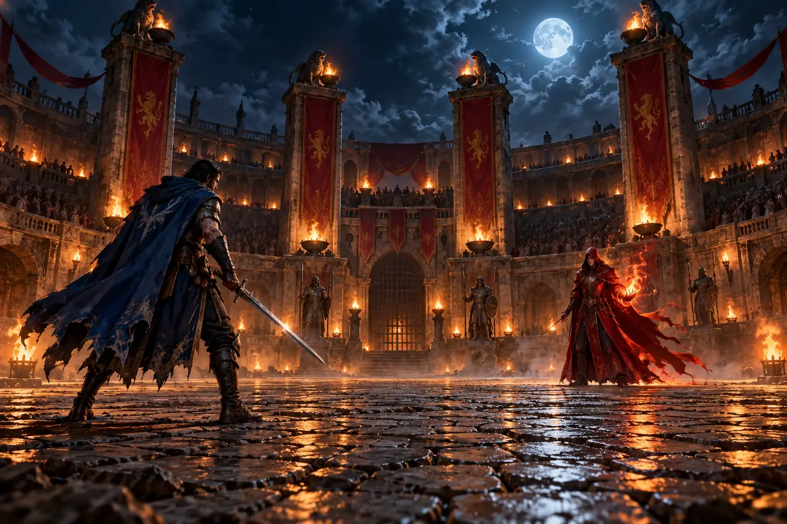 Original illustration of a torchlit arena, not a gameplay screenshot